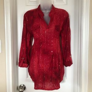 New Directions Red Blouse with Iridescent Sequins